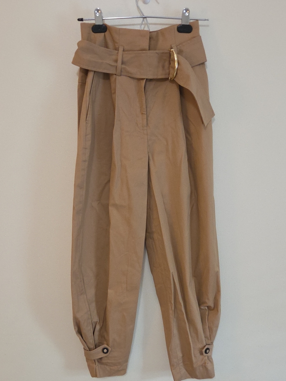 Express Wide-Leg Paperbag Pants with Belt - Tan